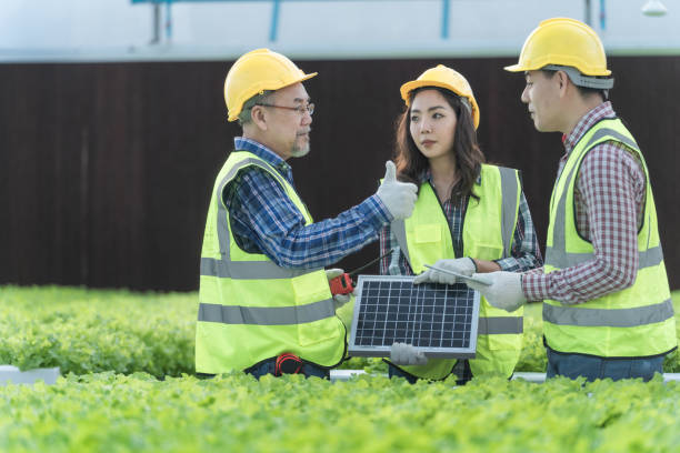 istock Engineers construction inspecting a solar panel device for greenhouse for cultivation of vegetable food. Technician workers talking to choose high efficiency photovoltaic panel for renewable energy. 1356861818
