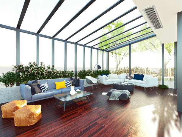 renderização 3d da sala de varanda do sunroom pergola - indoors conservatory decor home interior - fotografias e filmes do acervo