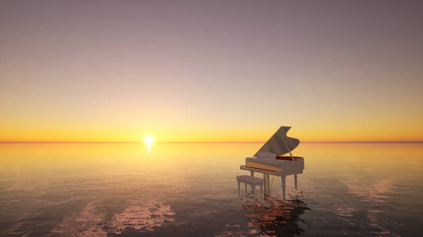 Surreal sea scene with piano on the water at sunset. 3d Render. stock photo