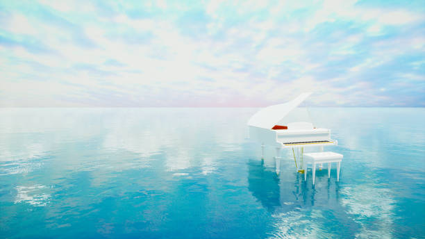 istock Surreal sea scene with white piano on the water at dusk. 3d Render. 1356863521