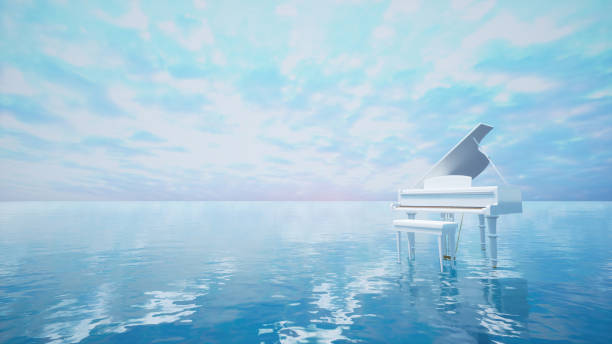 istock Surreal sea scene with white piano on the water at dusk. 3d Render. 1356863530