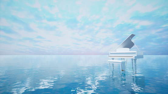 Surreal sea scene with white piano on the water at dusk with blue tones. 3d Render.
