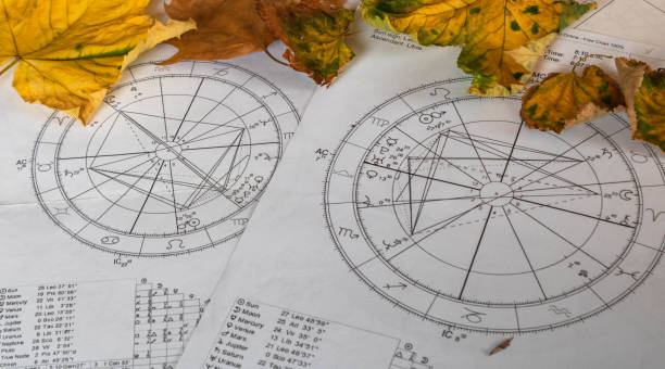 istock Printed natal chart with yellow autumn leaves 1356867717
