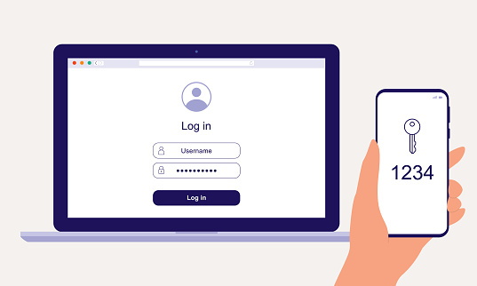 A User Signing In To A Account Page Using Authentication Code Received From Mobile Phone. Close-Up, Isolated On Solid Color Background. Vector, Illustration, Flat Design, Character.