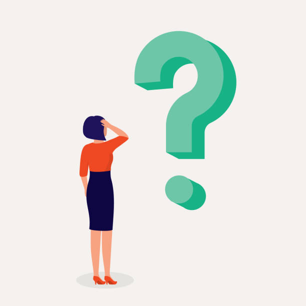Confused Businesswoman With A Big Question Mark. Back View Of A Confused Businesswoman With A Big Question Mark Standing And Scratching Her Head. Full Length, Isolated On Solid Color Background. Vector, Illustration, Flat Design, Character. back scratch stock illustrations