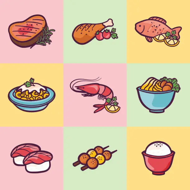 Vector illustration of Dinner Food Icons.