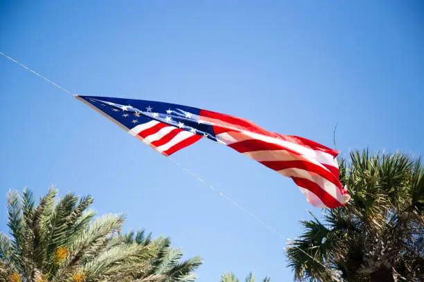 American flag waving in the wind, lit by natural sunlight