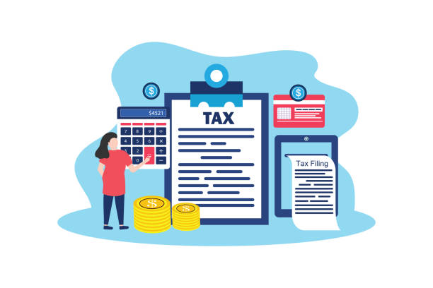 online tax filing concept, businesswomen filling tax form documents online - 稅表 插圖 幅插畫檔、美工圖案、卡通及圖標