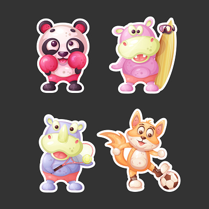 Set of stickers. Panda boxer, hippo surfer, rhino tennis player, fox football player.