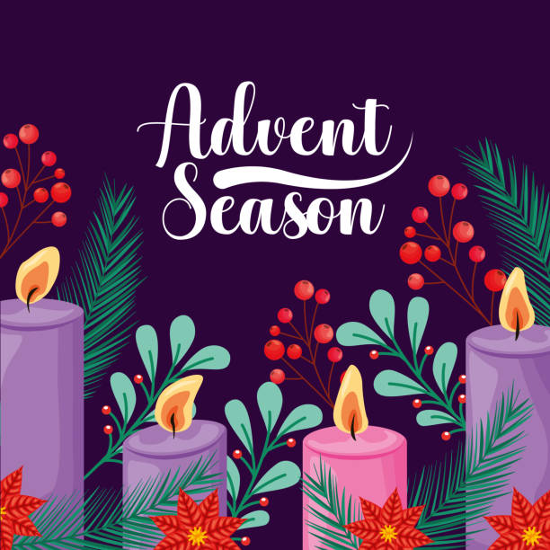 advent season advent candles between branches and flowers. advent season . vector illustration advent candles stock illustrations