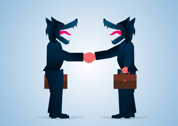 Two wolf managers shaking hands, human resource hunters Two wolf managers shaking hands, human resource hunters two men hunting stock illustrations