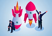 istock The success and failure of the new project startup, the businessman successfully launched the rocket, and the rocket launched by another businessman failed and crashed 1356880142
