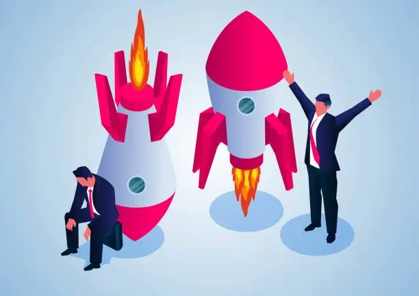 Vector illustration of The success and failure of the new project startup, the businessman successfully launched the rocket, and the rocket launched by another businessman failed and crashed