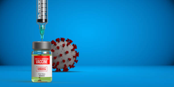 Closeup on vaccine vial with syringe in front of virus bacteria cell on blue surface 3D rendered liquid medicine coronavirus vaccination vial with inserted syringe. Do vaccines protect against new Covid-19 mutation?  Bottle label variant version for B.1.1.529 omicron. Background with copy space. b117 covid 19 variant photos stock pictures, royalty-free photos & images