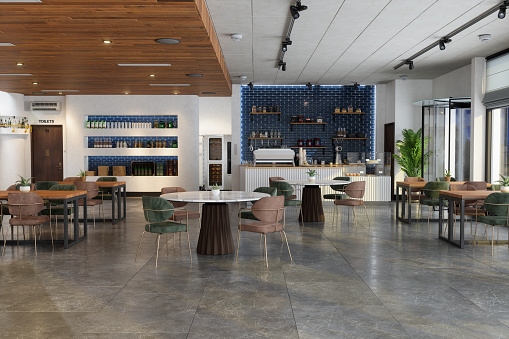 Modern Empty Cafe Interior With Coffee Maker, Bakery Products And Navy Blue Brick Wall