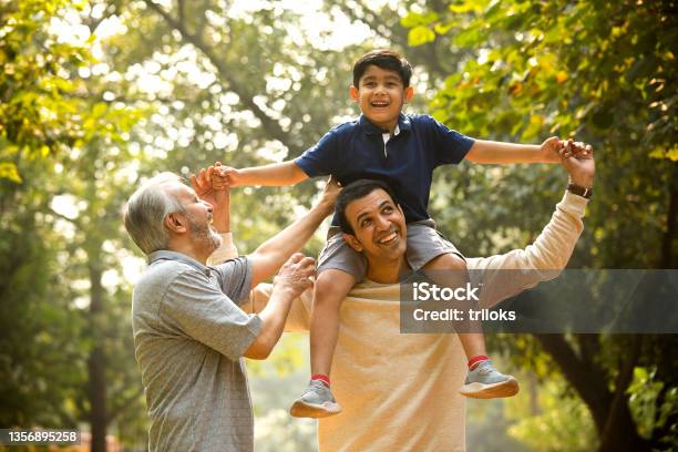 Three Generation Family Having Fun At Park Stock Photo - Download Image Now - Family, Indian Ethnicity, India