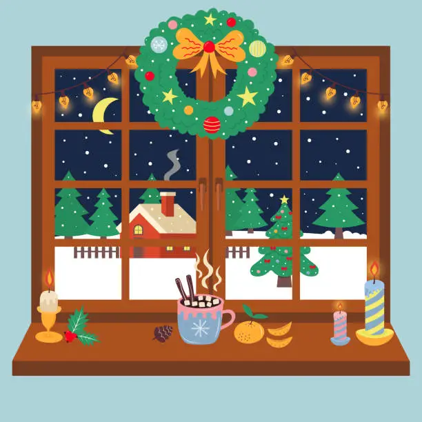 Vector illustration of Christmas window decorated with wreath and garland. Winter night snowy landscape through the window.
