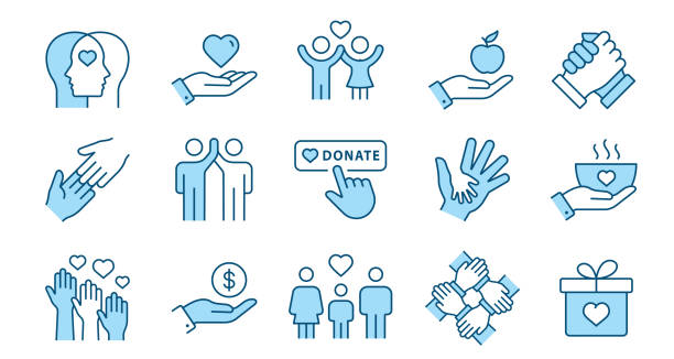ilustrações de stock, clip art, desenhos animados e ícones de charity line icon set. collection of handshake, donate, philanthropist, hope and more. editable stroke. - hope