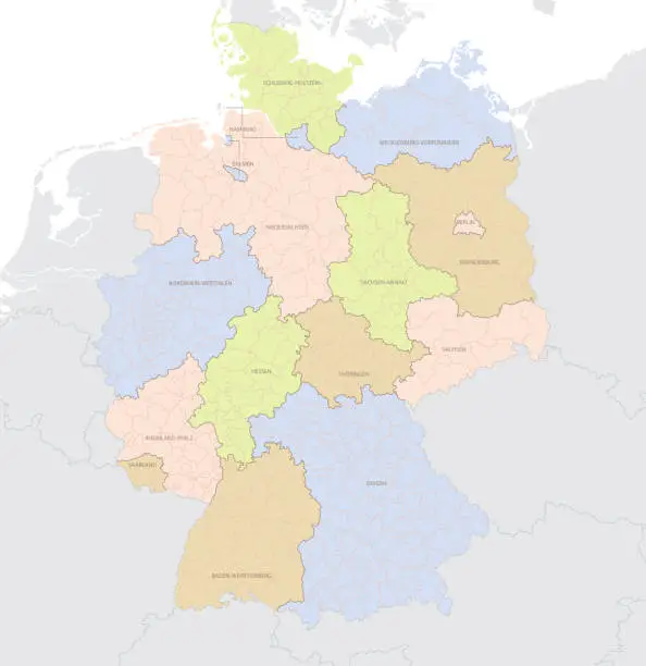Vector illustration of Detailed location map of Germany in Europe with administrative divisions into federal states and regions of the country, vector illustration