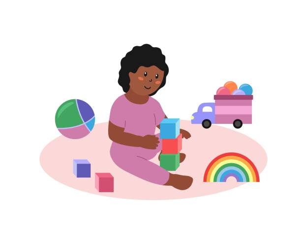 babymädchen sitzt und spielt spielzeug isoliert. glückliches afroamerikanisches kleinkind mit würfeln, auto, ball und anderen bunten spielsachen. flache vektorabbildung - cube baby child block stock-grafiken, -clipart, -cartoons und -symbole