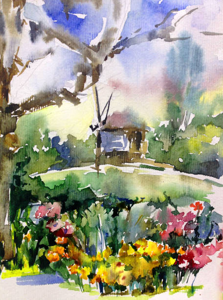 istock Watercolor colorful bright textured abstract background handmade . Mediterranean landscape . Painting of architecture and vegetation of the village 1356909592