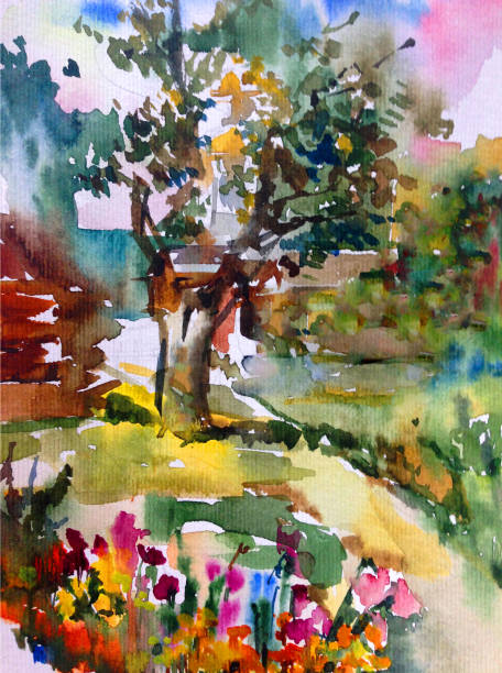 istock Watercolor colorful bright textured abstract background handmade . Mediterranean landscape . Painting of architecture and vegetation of the village 1356909619