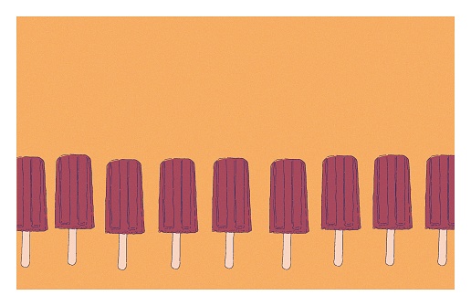 Illustration of cherry popsicles lined up against a warm yellow background
