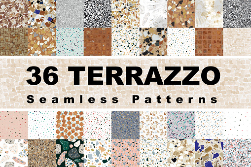 Terrazzo vector seamless pattern set. Colored stone flooring collection, marble floor texture backgrounds bundle