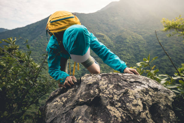 istock Successful hiker climbing rock on mountain top cliff edge 1356912716