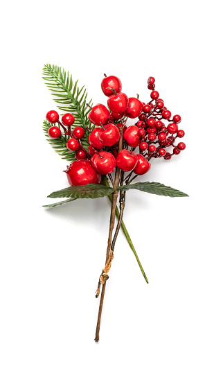 Christmas branch with red berries. Artificial home decoration plant, rowan, ashberry or kalina twig isolated on white background