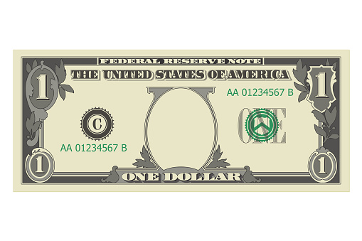 Ten dollar bill without a portrait of Washington. 1 dollar banknote. Template or mock up for a souvenir. Vector illustration isolated on a white background
