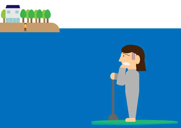 Vector illustration of People who have been washed off the coast with a stand-up paddle board