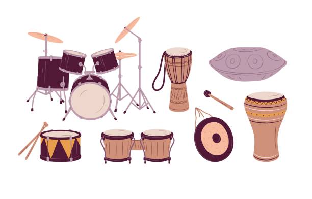 Percussion rhythm music instruments set of different types. Drum kit with cymbals, gong and stick, African bongo, wooden djembe and metal hang. Flat vector illustration isolated on white background Percussion rhythm music instruments set of different types. Drum kit with cymbals, gong and stick, African bongo, wooden djembe and metal hang. Flat vector illustration isolated on white background. cartoon of a african bongo drums stock illustrations