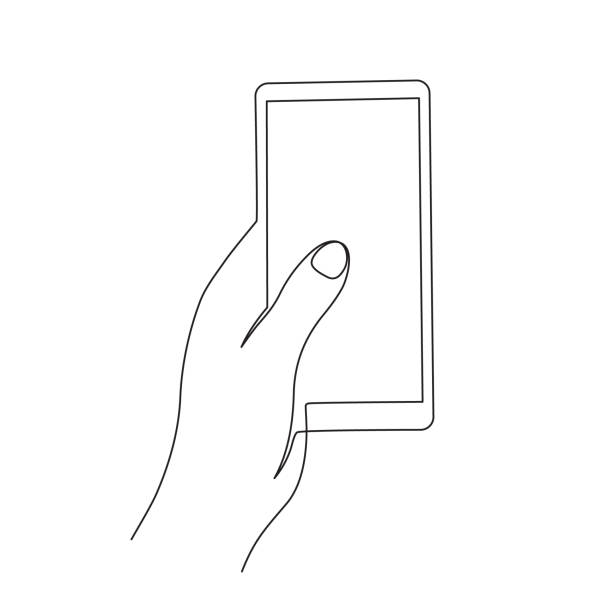 Hand holding smartphone one line art, continuous contour.Mobile device with blank screen.Doodle, sketch style, minimalist design. Editable stroke Editable stroke. Isolated. Vector illustration telephone line art stock illustrations