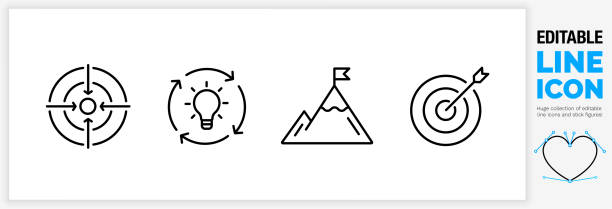 ilustraciones, imágenes clip art, dibujos animados e iconos de stock de icono de línea editable conjunto sobre estrategia en conceptos - target targeted ideas inspiration