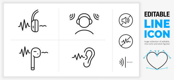 ilustraciones, imágenes clip art, dibujos animados e iconos de stock de icono de línea editable sobre la tecnología de cancelación de ruido - hand to ear