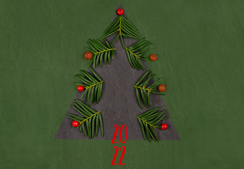 Christmas composition. Christmas tree from fir tree branches and red berries on slate plate. New Year 2022.