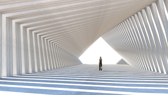 Woman walking in an architectural tunnel towards the light. 3D Rendering. The woman is a 3D object.