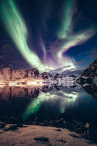 Northern lights in the sky of the Lofoten Islands in Norway