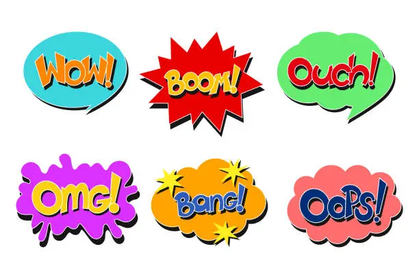 Vector illustration of WOW, Boom, Ouch, OMG, Bang, Oops comic text. Pop art style. Vector illustration