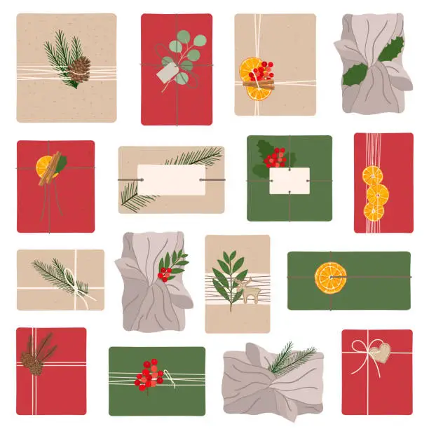 Vector illustration of Set of eco-friendly packaging gifts with green, red, brown wrapping kraft paper, pine branches, jute, dry orange in rustic style. Christmas gift boxes. Hand drawn vector illustration