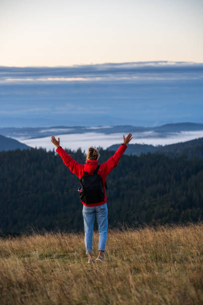istock Female hiker relaxes on grassy mountain ridge 1356935951
