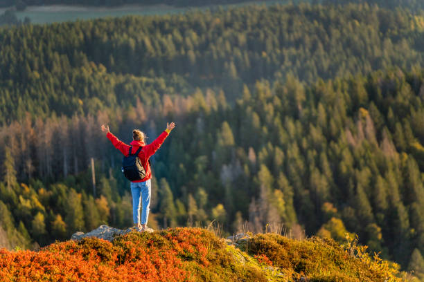 istock Female hiker relaxes on grassy mountain ridge 1356936058