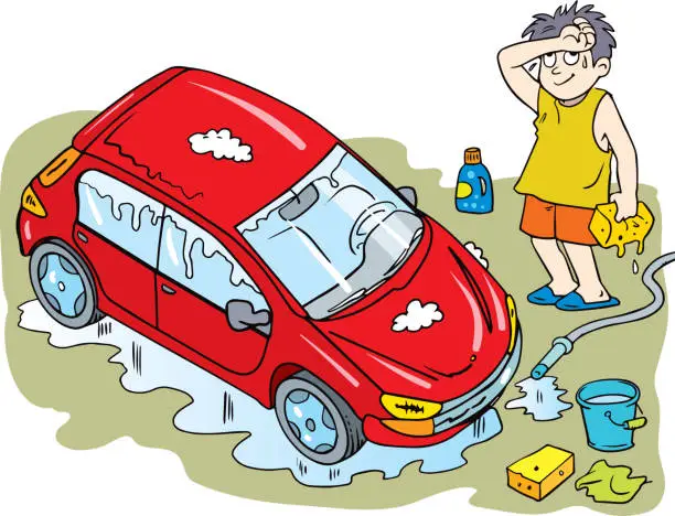 Vector illustration of Vector Illustration of a Boy washing the Car
