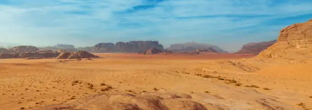 Panorama of red dunes and mountains at Wadi Rum desert