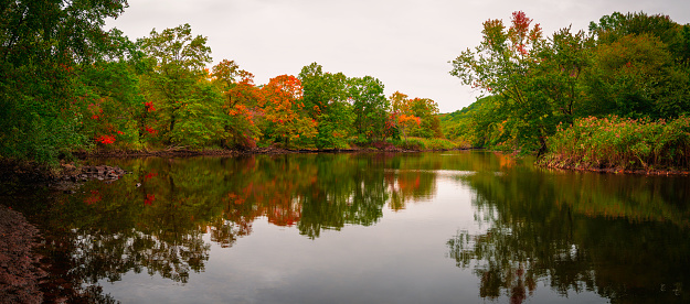 Beautiful overcast autumn morning in the woods with clean calm water of Mill River at the foothills of East Rock Park in New Haven, Connecticut.