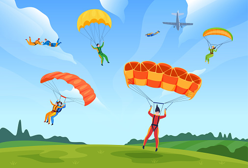 Active people enjoying skydiving at summer landscape vector flat illustration. Man and woman skydivers extreme sport hobby sky jumpers with parachutes, paratroopers adrenaline. Air adventure