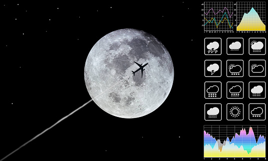 Meteorology graph and chart data with symbol weather forecast for travel and transportation with silhouette aircraft  on bright full moon and  dark sky and stars for presentation and report background. Moon image furnished by NASA at https://www.nasa.gov/mission_pages/apollo/40th/images/apollo_image_25.html