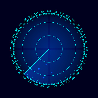 Vector blue radar screen. Military search system in action with targets. Technology HUD design.