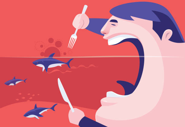 illustrations, cliparts, dessins animés et icônes de homme va manger du requin - portrait bouche ouverte